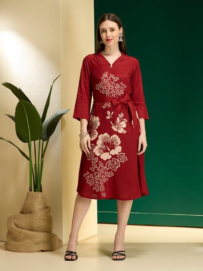 Abstract Floral Printed A-Line Midi Dress with Belt - Maroon