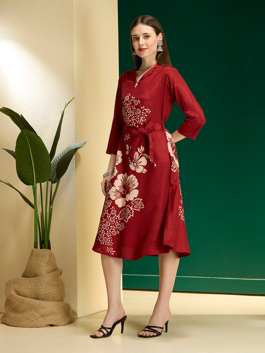 Abstract Floral Printed A-Line Midi Dress with Belt - Maroon