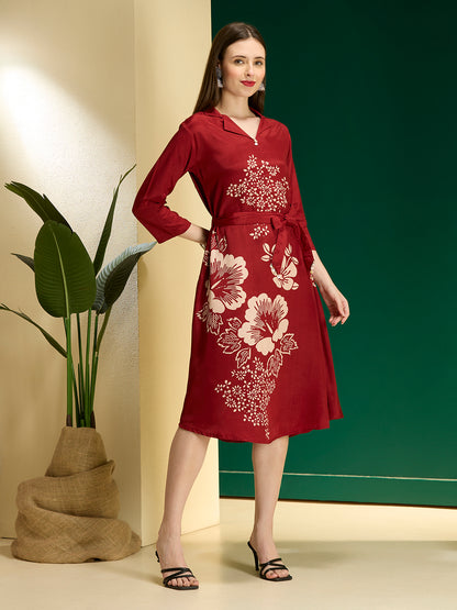 Abstract Floral Printed A-Line Midi Dress with Belt - Maroon