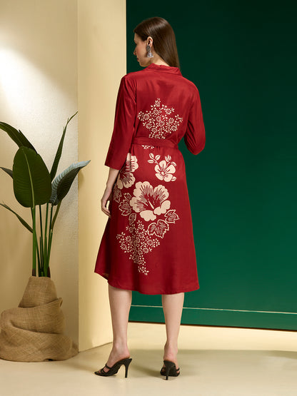 Abstract Floral Printed A-Line Midi Dress with Belt - Maroon