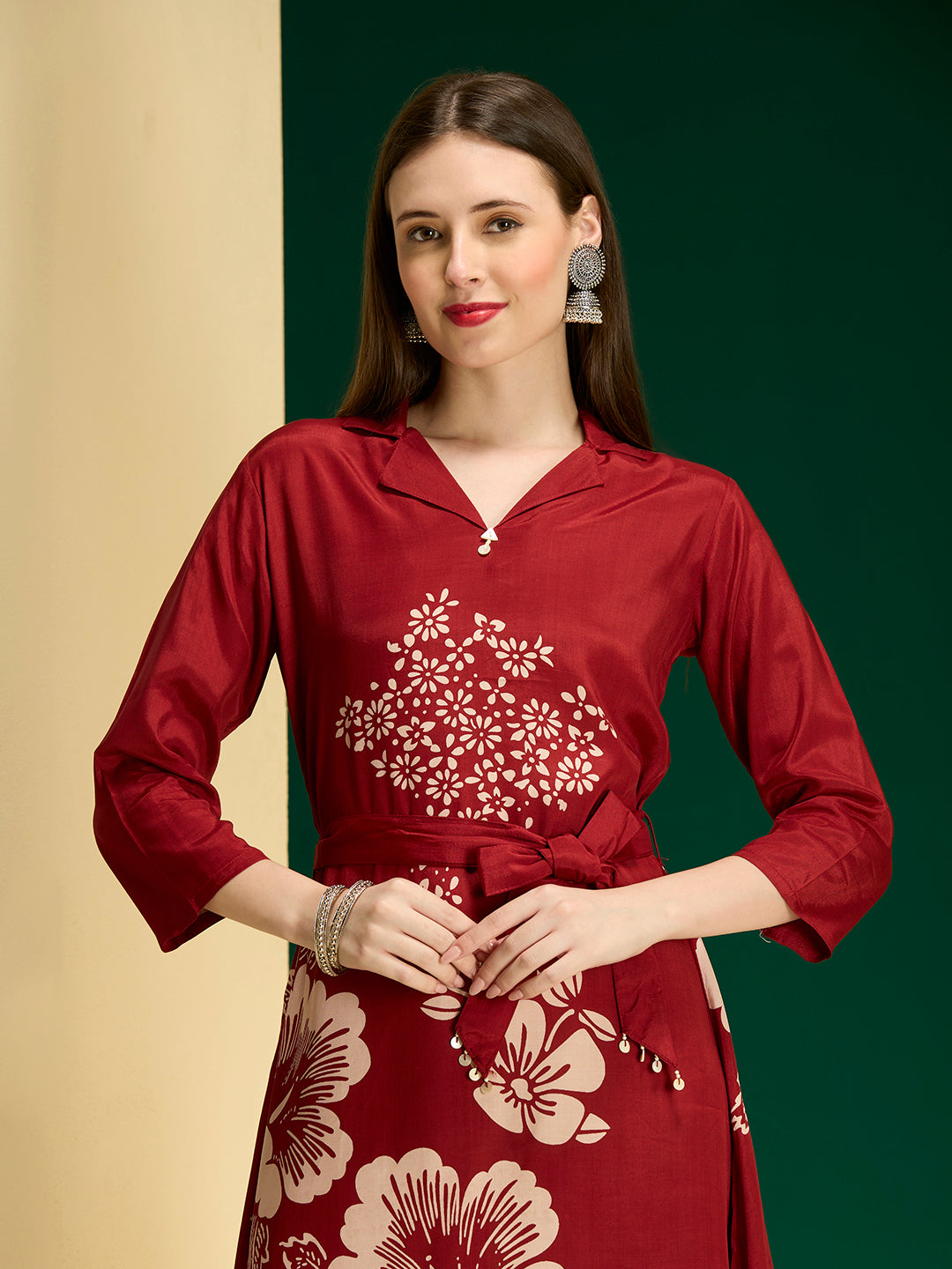 Abstract Floral Printed A-Line Midi Dress with Belt - Maroon