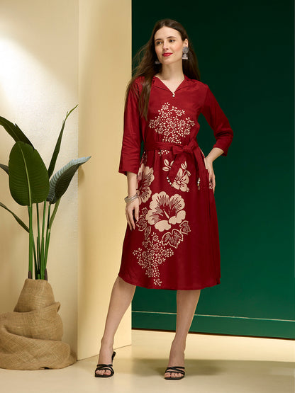 Abstract Floral Printed A-Line Midi Dress with Belt - Maroon