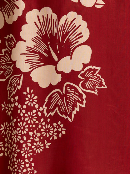 Abstract Floral Printed A-Line Midi Dress with Belt - Maroon