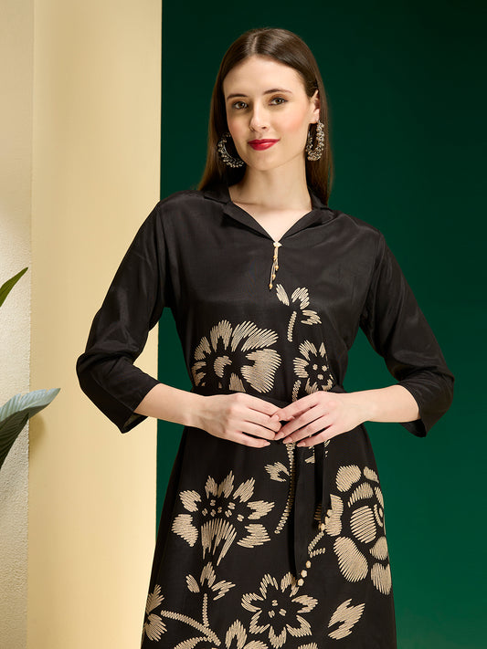 Abstract Floral Printed A-Line Midi Dress with Belt - Black