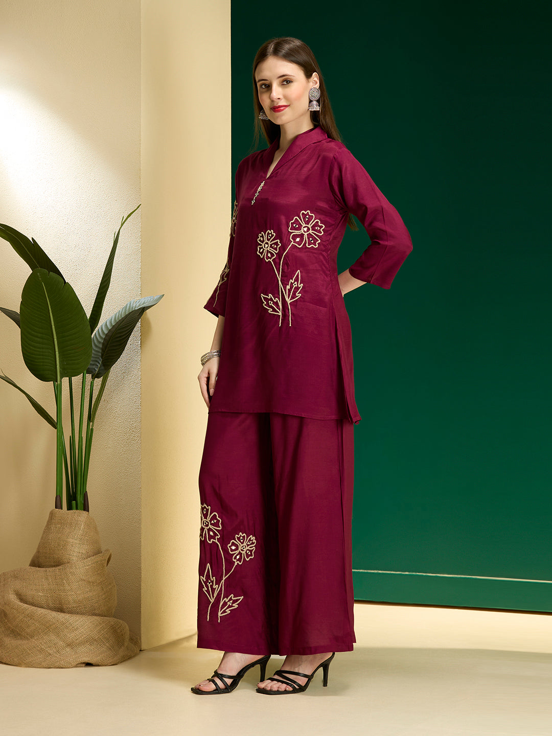 Solid Floral Embroidered Straight Fit Co-ord Set - Burgundy