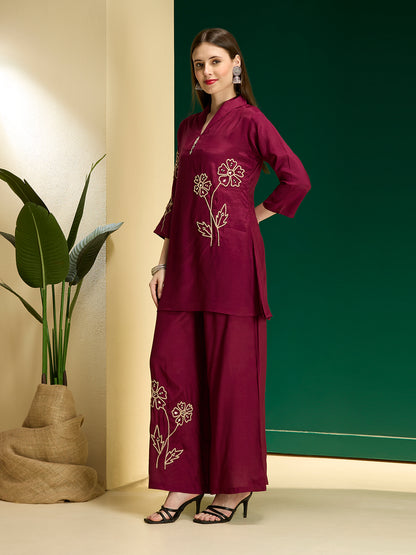 Solid Floral Embroidered Straight Fit Co-ord Set - Burgundy