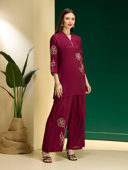 Solid Floral Embroidered Straight Fit Co-ord Set - Burgundy