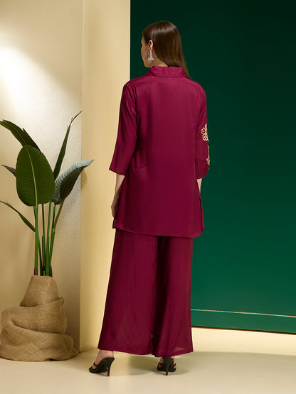 Solid Floral Embroidered Straight Fit Co-ord Set - Burgundy