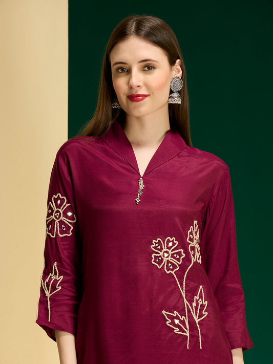 Solid Floral Embroidered Straight Fit Co-ord Set - Burgundy