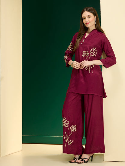 Solid Floral Embroidered Straight Fit Co-ord Set - Burgundy