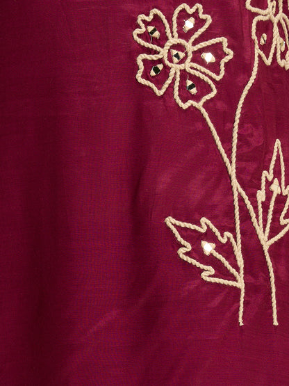 Solid Floral Embroidered Straight Fit Co-ord Set - Burgundy