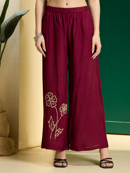 Solid Floral Embroidered Straight Fit Co-ord Set - Burgundy