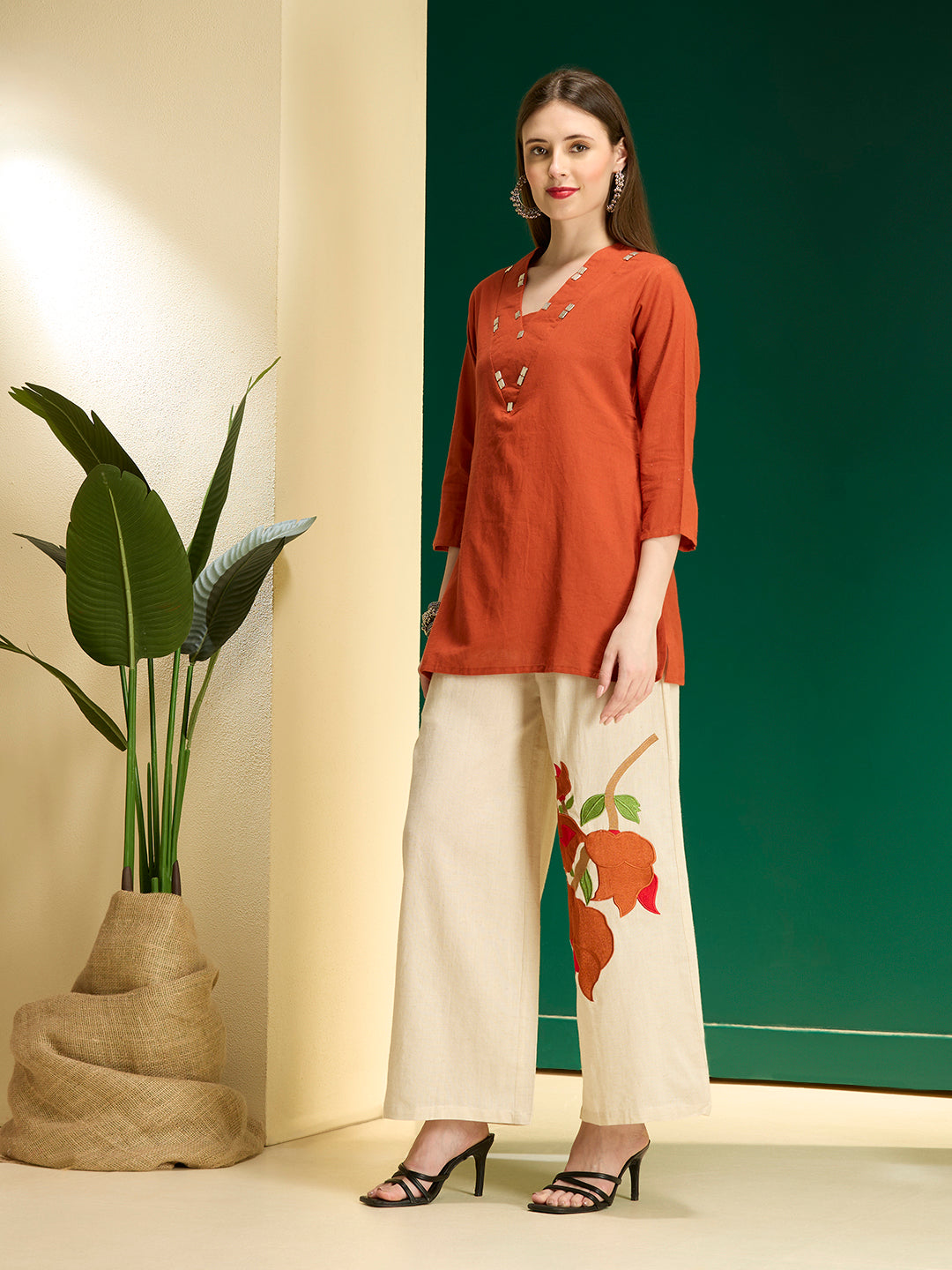 Solid Straight Fit Top with Floral Patchwork Palazzo - Orange