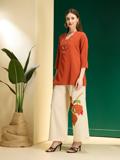 Solid Straight Fit Top with Floral Patchwork Palazzo - Orange