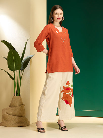 Solid Straight Fit Top with Floral Patchwork Palazzo - Orange