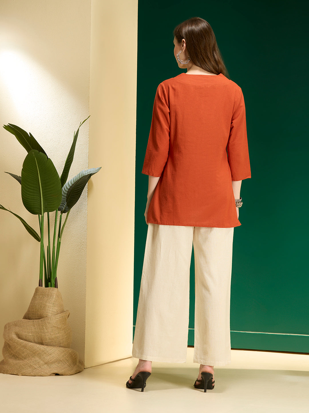 Solid Straight Fit Top with Floral Patchwork Palazzo - Orange