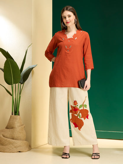 Solid Straight Fit Top with Floral Patchwork Palazzo - Orange