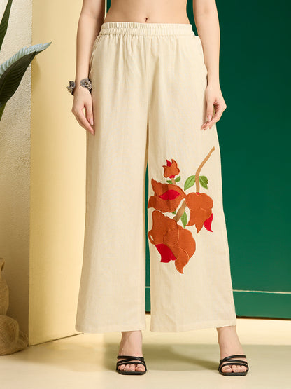 Solid Straight Fit Top with Floral Patchwork Palazzo - Orange