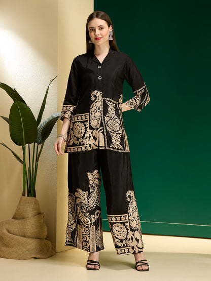 Abstract Floral Printed Straight Fit Co-ord Set - Black