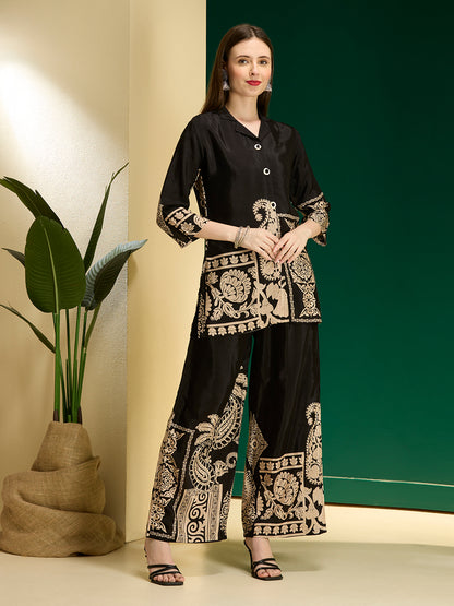 Abstract Floral Printed Straight Fit Co-ord Set - Black