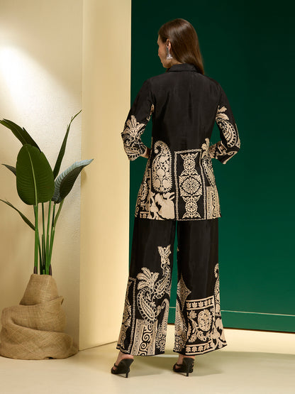 Abstract Floral Printed Straight Fit Co-ord Set - Black