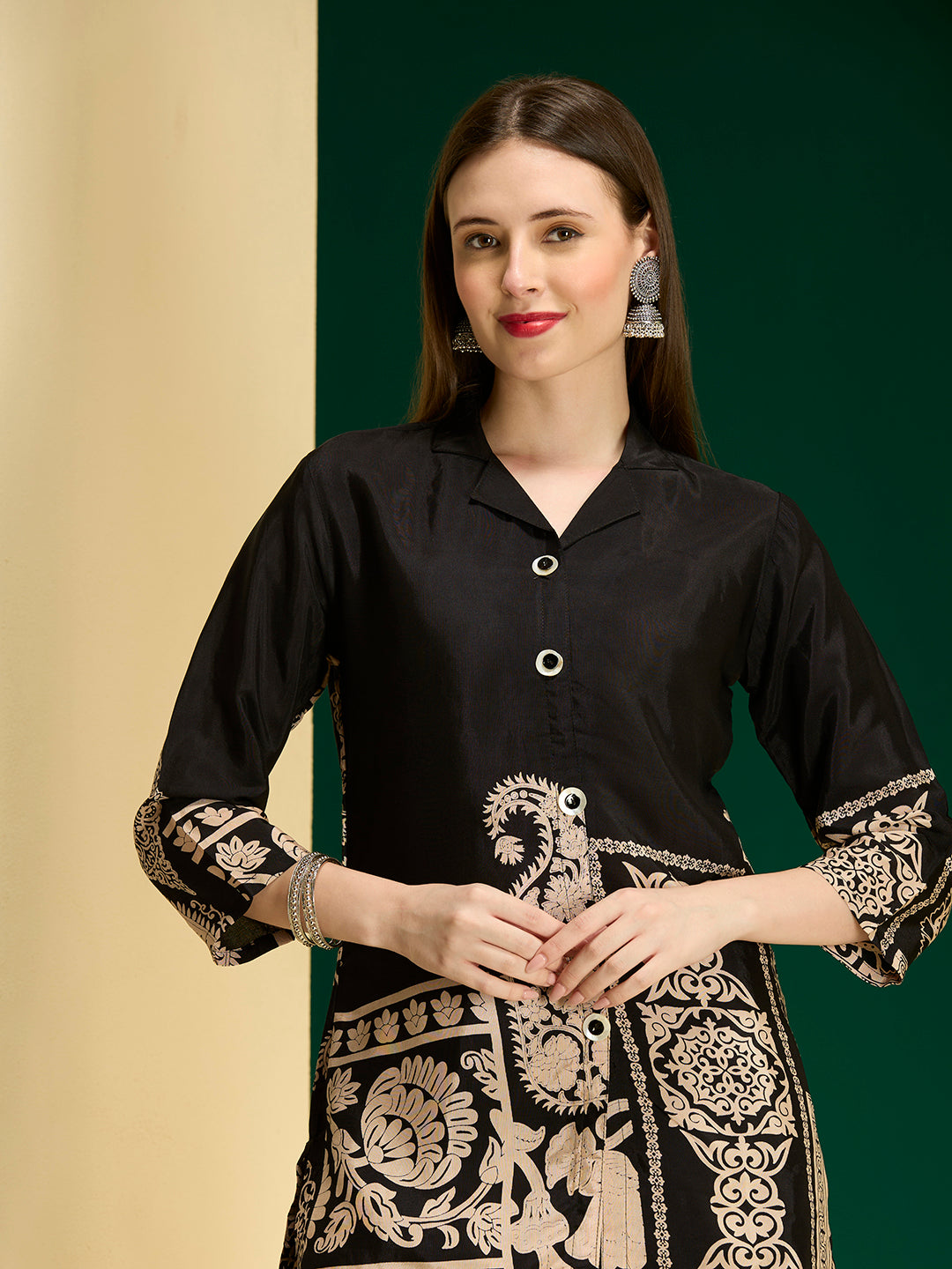 Abstract Floral Printed Straight Fit Co-ord Set - Black