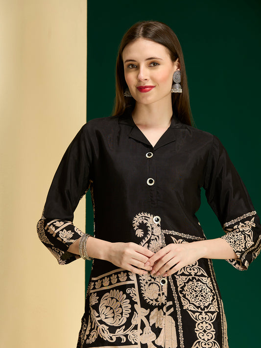 Abstract Floral Printed Straight Fit Co-ord Set - Black