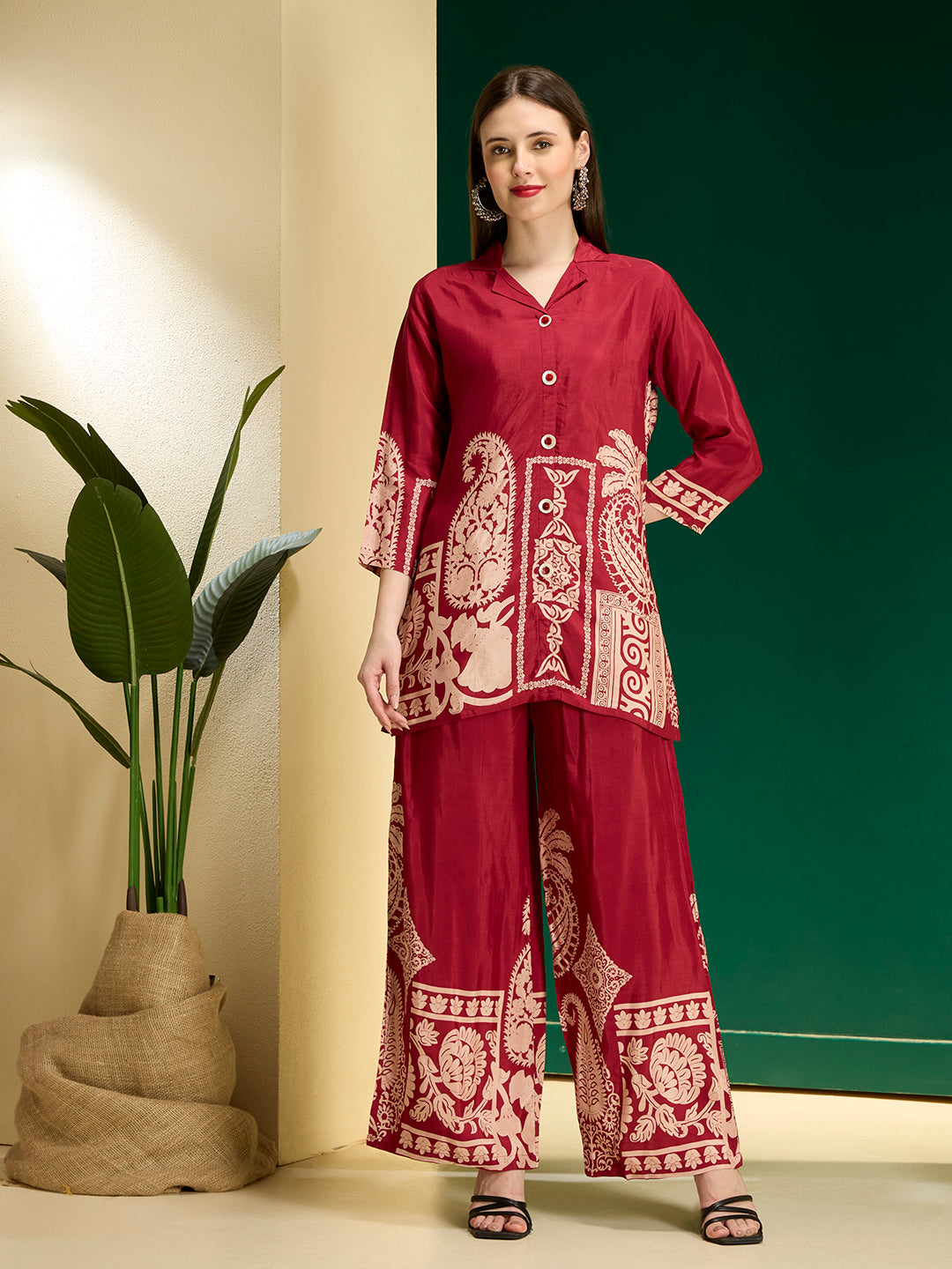 Abstract Printed A-Line Co-ord Set - Maroon