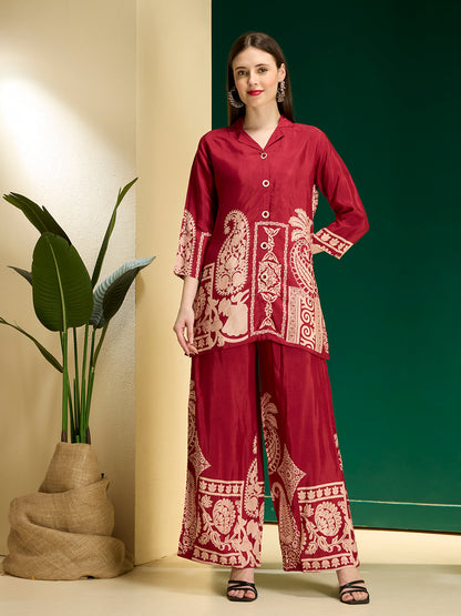 Abstract Printed A-Line Co-ord Set - Maroon