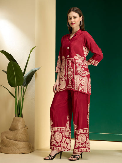 Abstract Printed A-Line Co-ord Set - Maroon