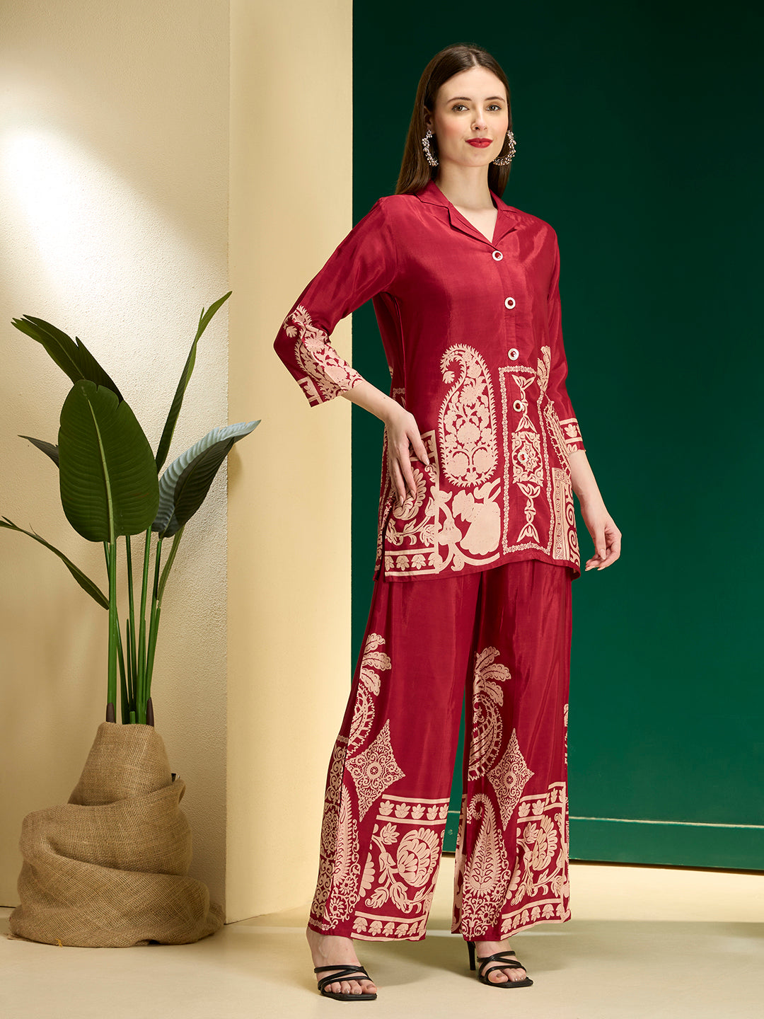 Abstract Printed A-Line Co-ord Set - Maroon