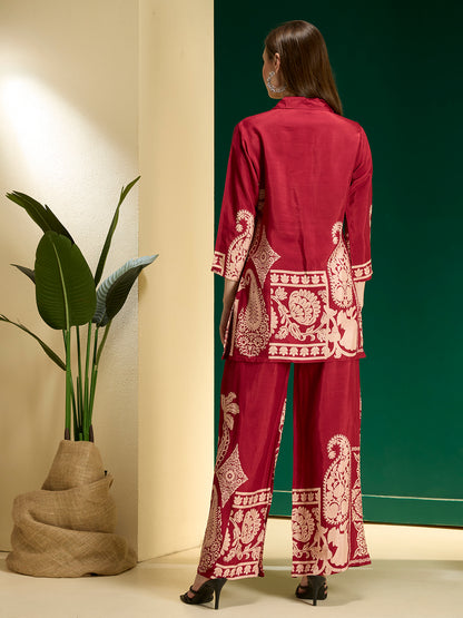 Abstract Printed A-Line Co-ord Set - Maroon