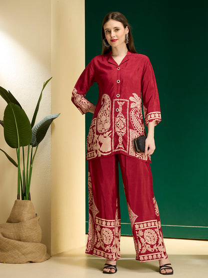 Abstract Printed A-Line Co-ord Set - Maroon