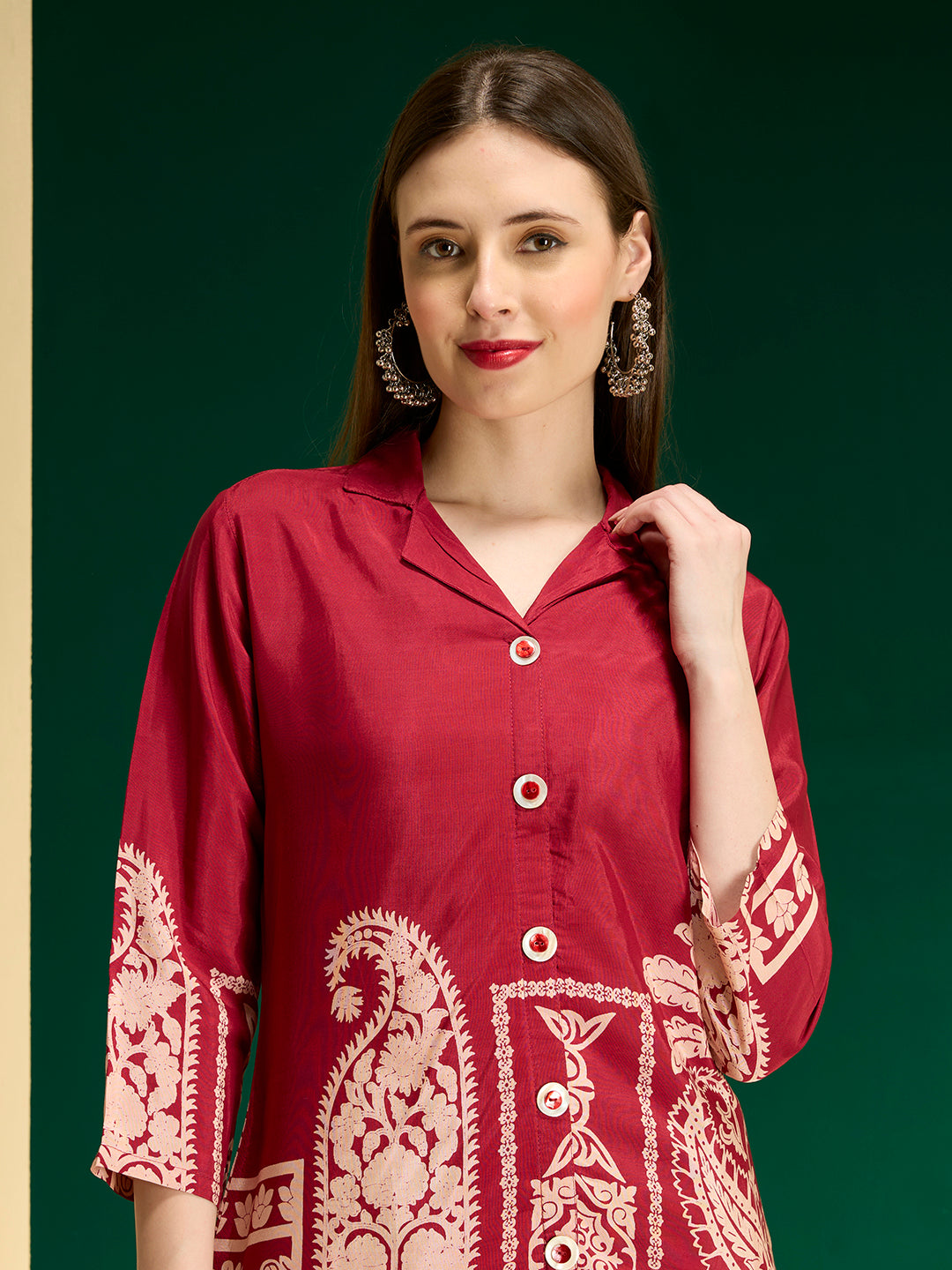 Abstract Printed A-Line Co-ord Set - Maroon