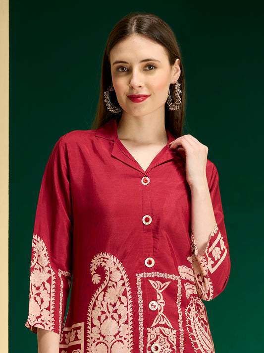 Abstract Printed A-Line Co-ord Set - Maroon