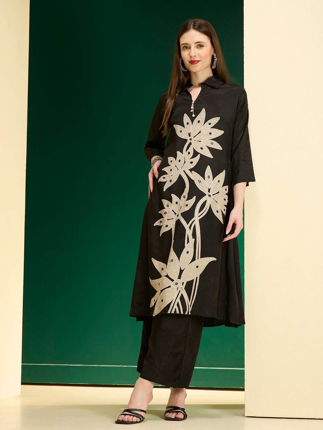 Abstract Printed A-Line Co-ord Set - Black