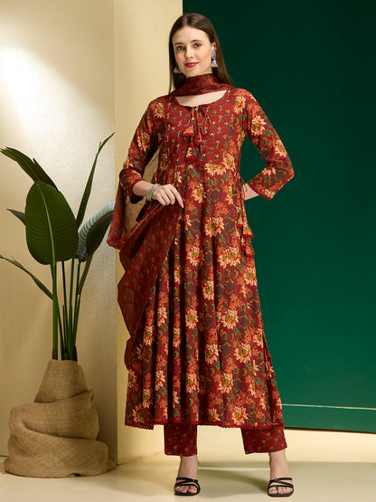 Ethnic Floral Printed Anarkali Flared Kurta with Pant and Dupatta - Red