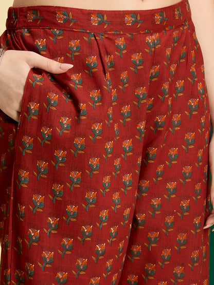 Ethnic Floral Printed Anarkali Flared Kurta with Pant and Dupatta - Red