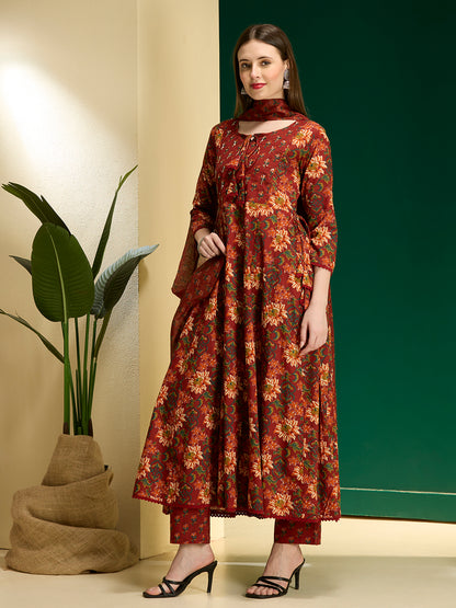 Ethnic Floral Printed Anarkali Flared Kurta with Pant and Dupatta - Red
