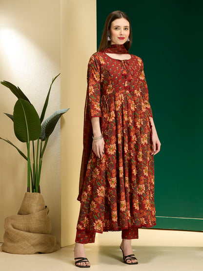 Ethnic Floral Printed Anarkali Flared Kurta with Pant and Dupatta - Red