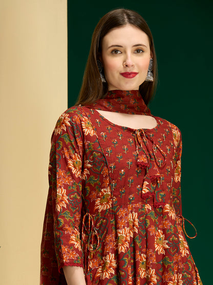 Ethnic Floral Printed Anarkali Flared Kurta with Pant and Dupatta - Red