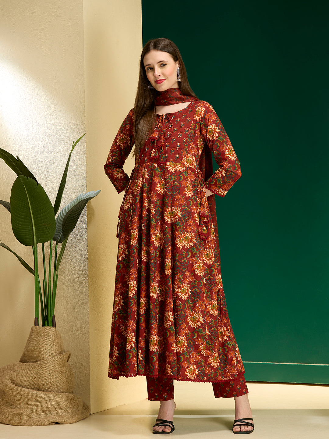 Ethnic Floral Printed Anarkali Flared Kurta with Pant and Dupatta - Red