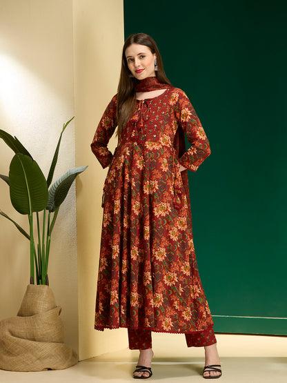 Ethnic Floral Printed Anarkali Flared Kurta with Pant and Dupatta - Red