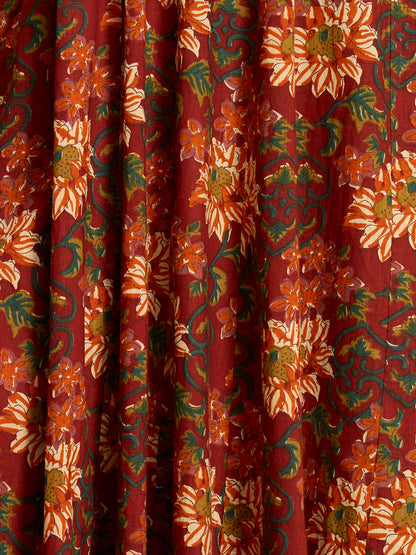 Ethnic Floral Printed Anarkali Flared Kurta with Pant and Dupatta - Red