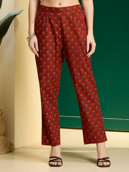 Ethnic Floral Printed Anarkali Flared Kurta with Pant and Dupatta - Red