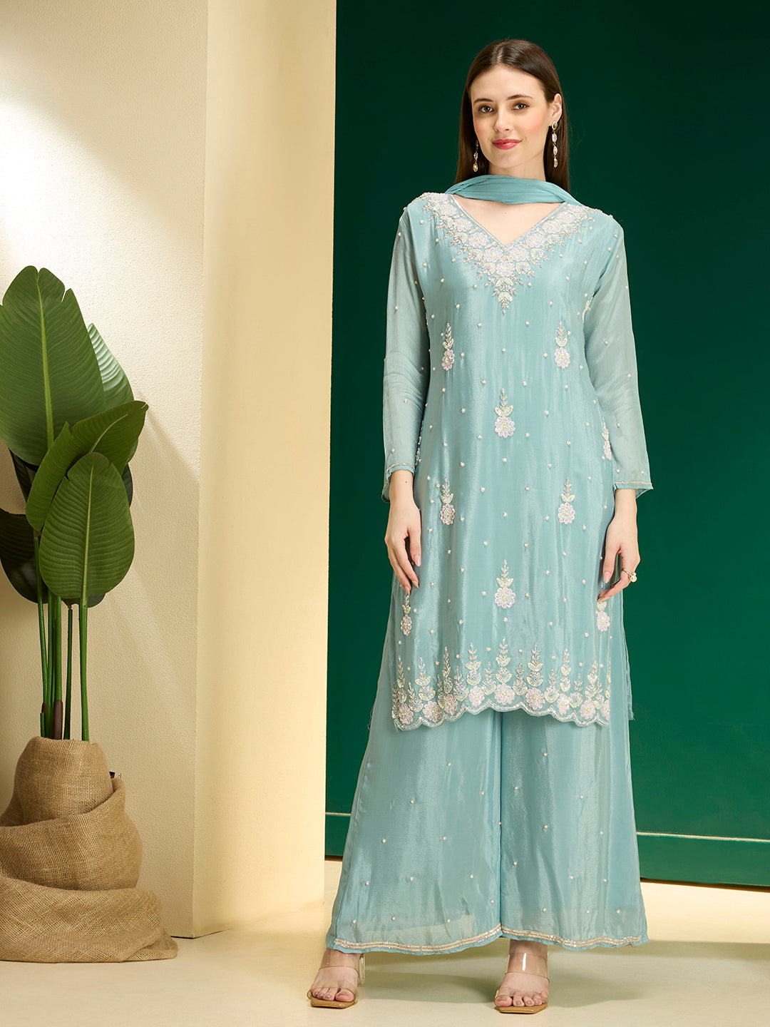 Solid Floral Hand Embroidered Straight Kurta with Palazzo & Dupatta - Blue