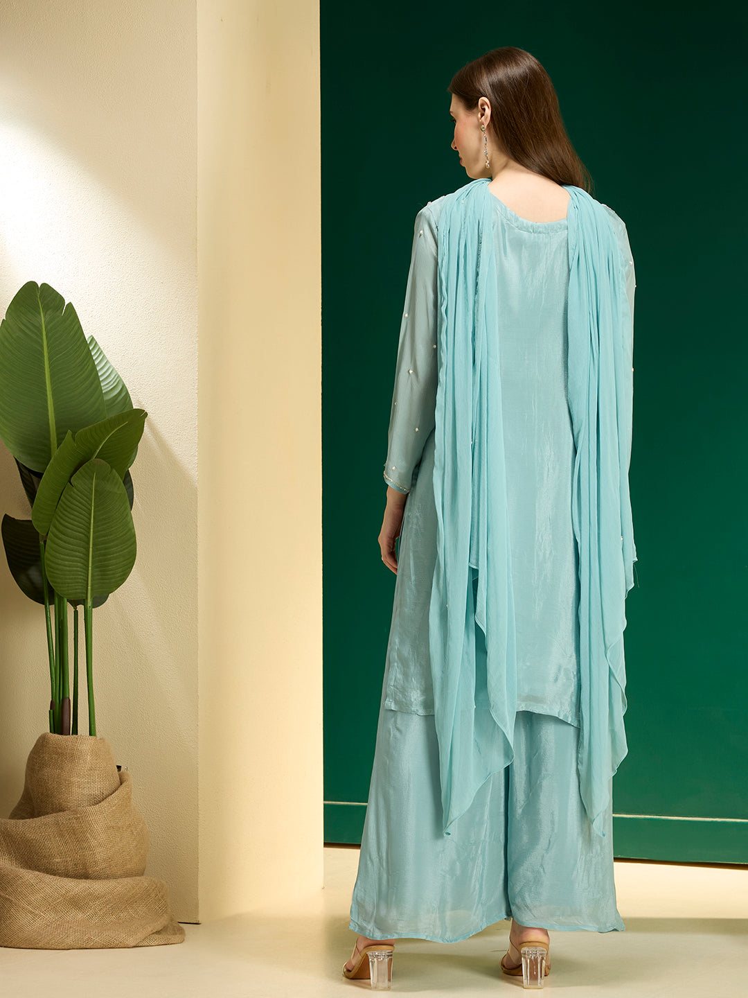 Solid Floral Hand Embroidered Straight Kurta with Palazzo & Dupatta - Blue