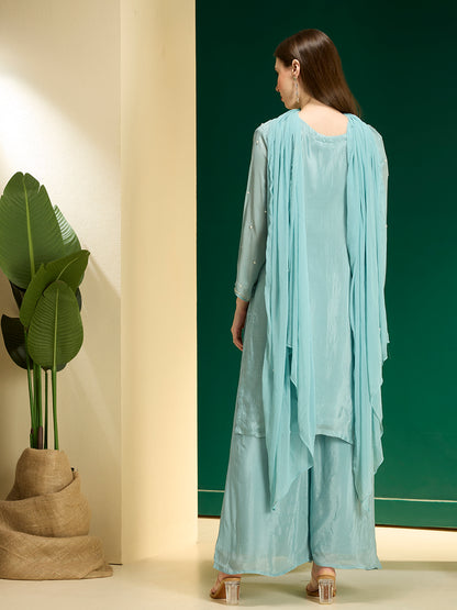 Solid Floral Hand Embroidered Straight Kurta with Palazzo & Dupatta - Blue