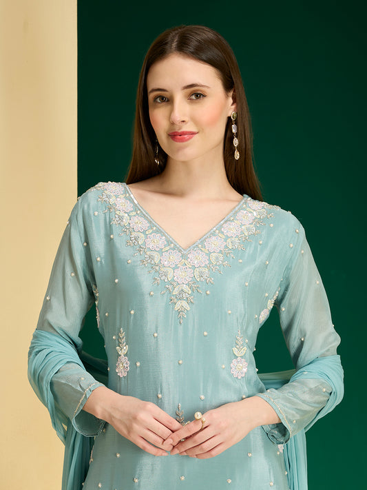Solid Floral Hand Embroidered Straight Kurta with Palazzo & Dupatta - Blue