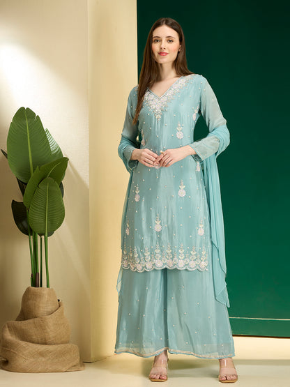 Solid Floral Hand Embroidered Straight Kurta with Palazzo & Dupatta - Blue